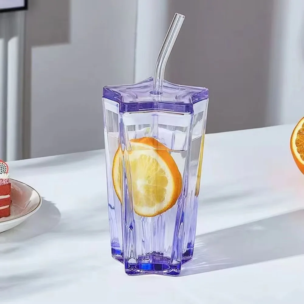 300ML Five Pointed Star Glass Straw Cup Gradient Beauty Tumbler with Lid Ins Style Drinking Mug Home Party Drinkware Gift