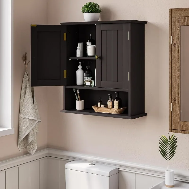 Brown Bathroom Cabinet Wall Mounted, Small Bathroom Medicine Cabinet with 2 Door Adjustable Shelves, Bathroom