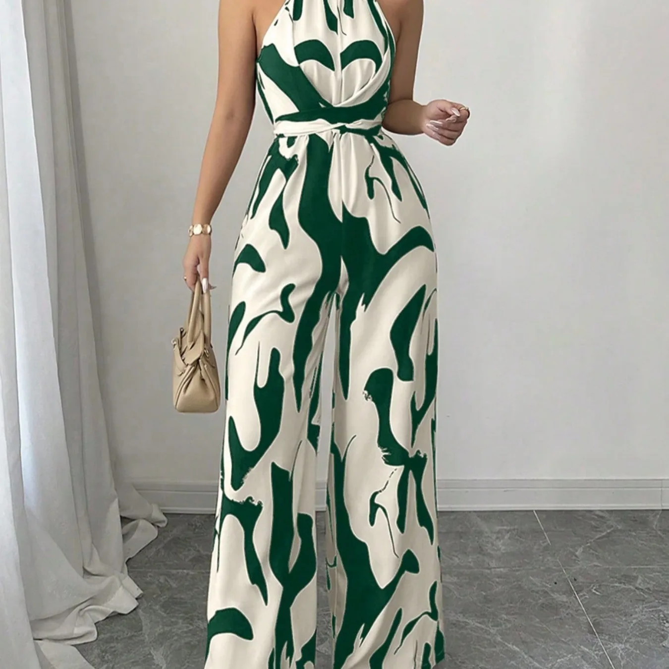 

New Summer Women's Loose Fit Belted Versatile Print Wide Leg Jumpsuit High Waist Long Pants Cross-Border Faion Slimming Effect