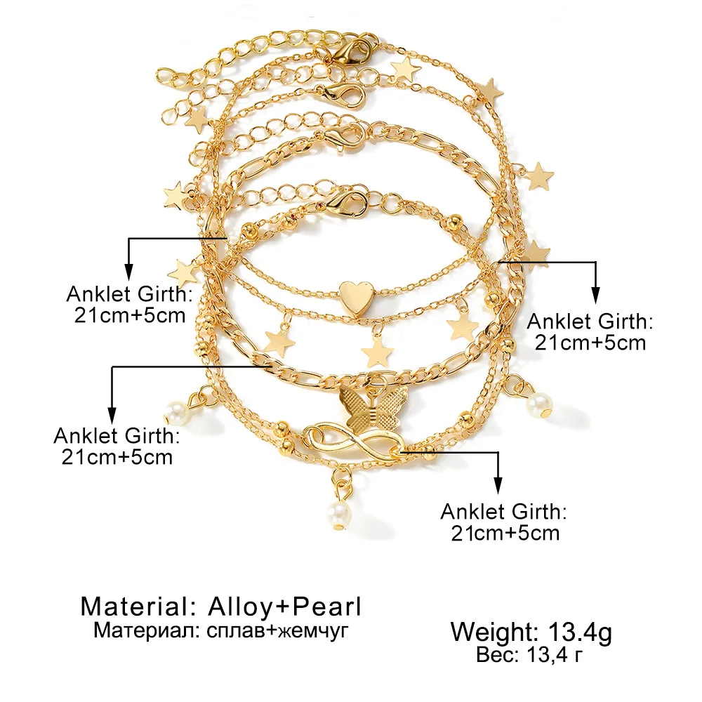 Gold Color Vintage Butterfly Anklet Set For Women Multilayers Adjustable Love Bracelet On Leg Foot Beach Jewelry