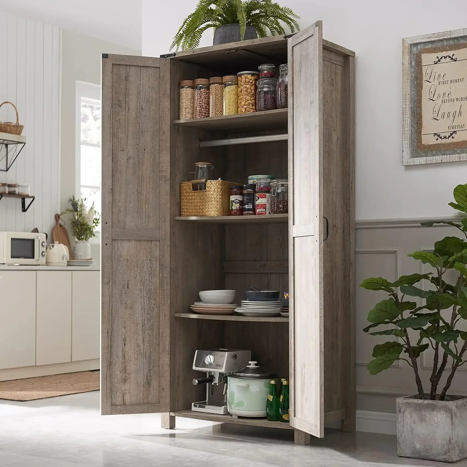 Storage Cabinet, 32'' Farmhouse Armoire w/Adjustable Shelves, Rustic Pantry w/2 Barn Doors & Hanging Rod, Versatile Storage