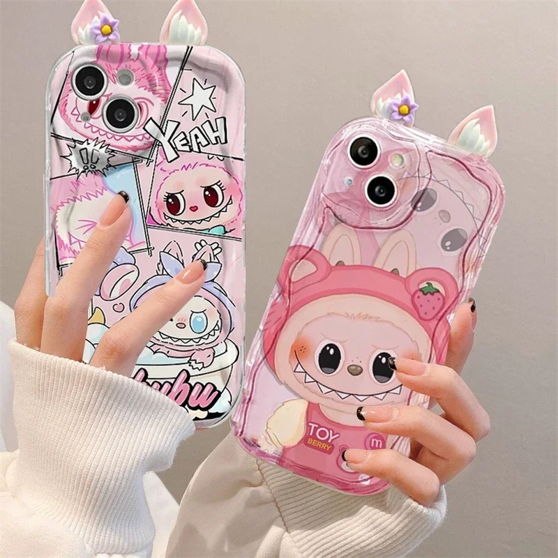 Cute Labubu 3D Ears Phone Case For OPPO Reno 12F 11F 12 11 Pro 4 5 6 7 8T Pro 7Z 8Z A18 A38 A94 A36 A76 A96 A58 A57 A98 Cover