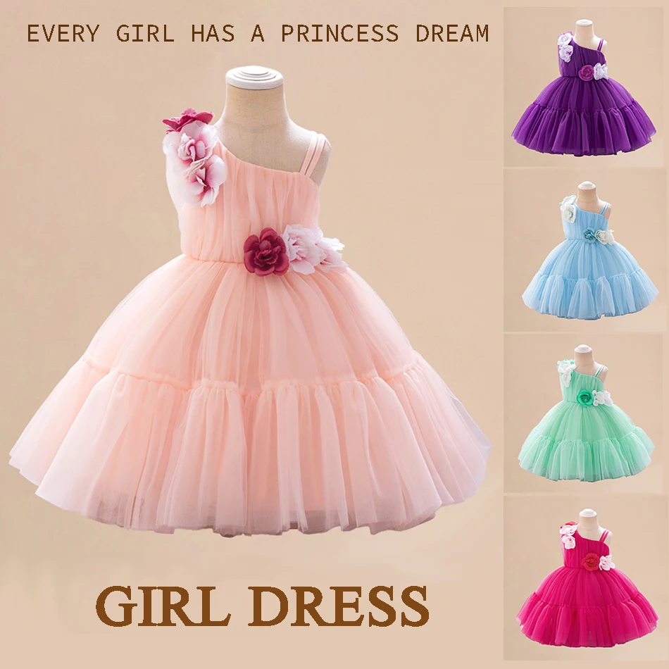 Girl Wedding Flower Dress Same Multi-color Off-shoulder Dress Baby Host Three-dimensional Flower Gown Piano Performance Frocks