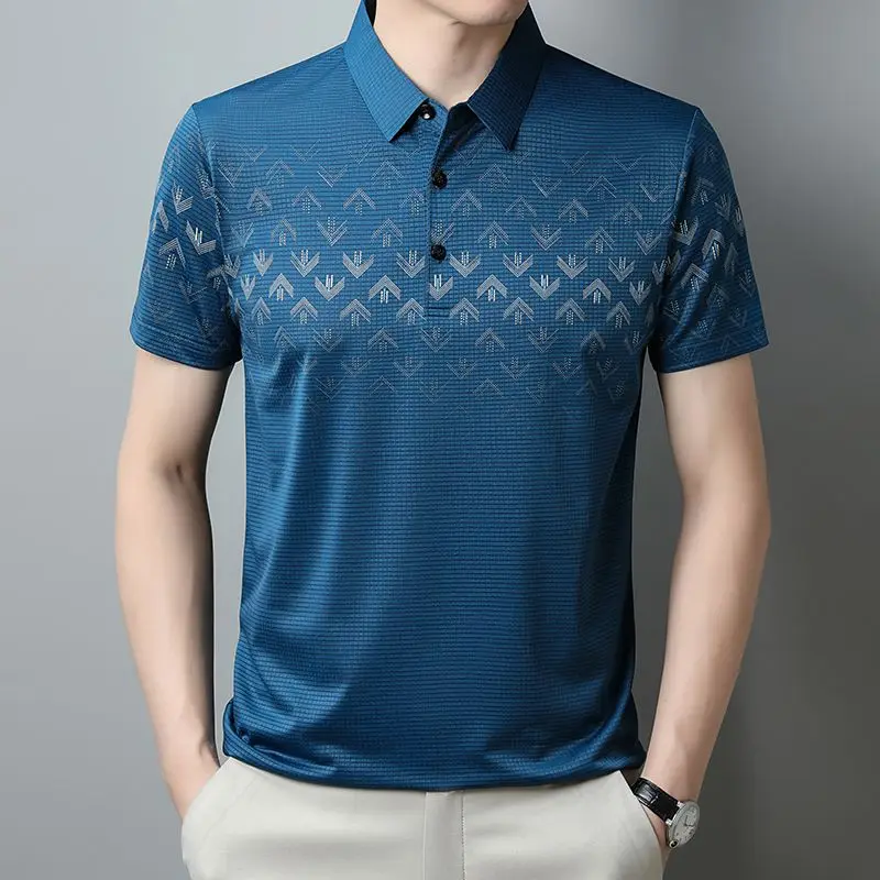 Men's Summer Polo Shirt Ice Silk Short Sleeve Casual Loose Fit Quick Dry Breathable Solid Color Business Golf Tops