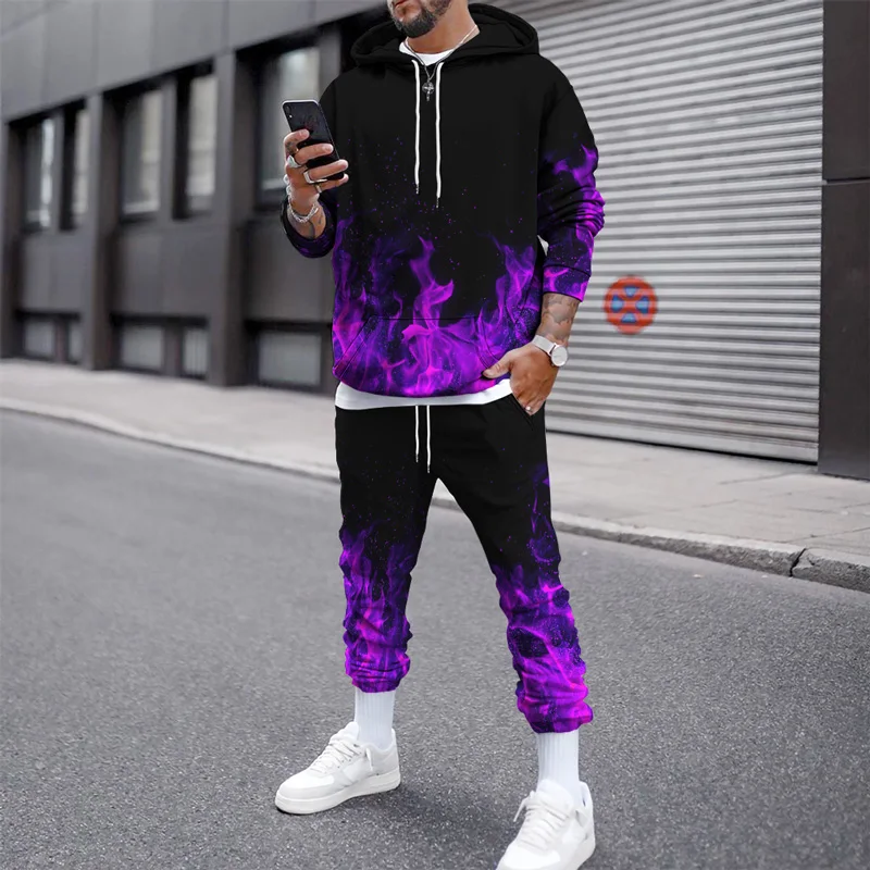 Fiamme colorate stampa 3D felpa con cappuccio tuta autunno moda uomo felpa con cappuccio 2 pezzi Set Street Pullover maschile Casual tuta con cappuccio Set