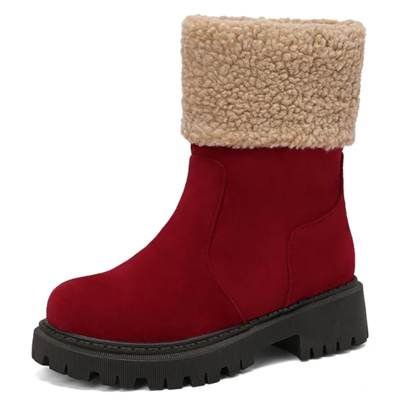 Women's Ankle Snow Boots Warm Fur Winter Shoes Block Low Heels Black Brown Footwear Shoes Large Size 43 Comfortable