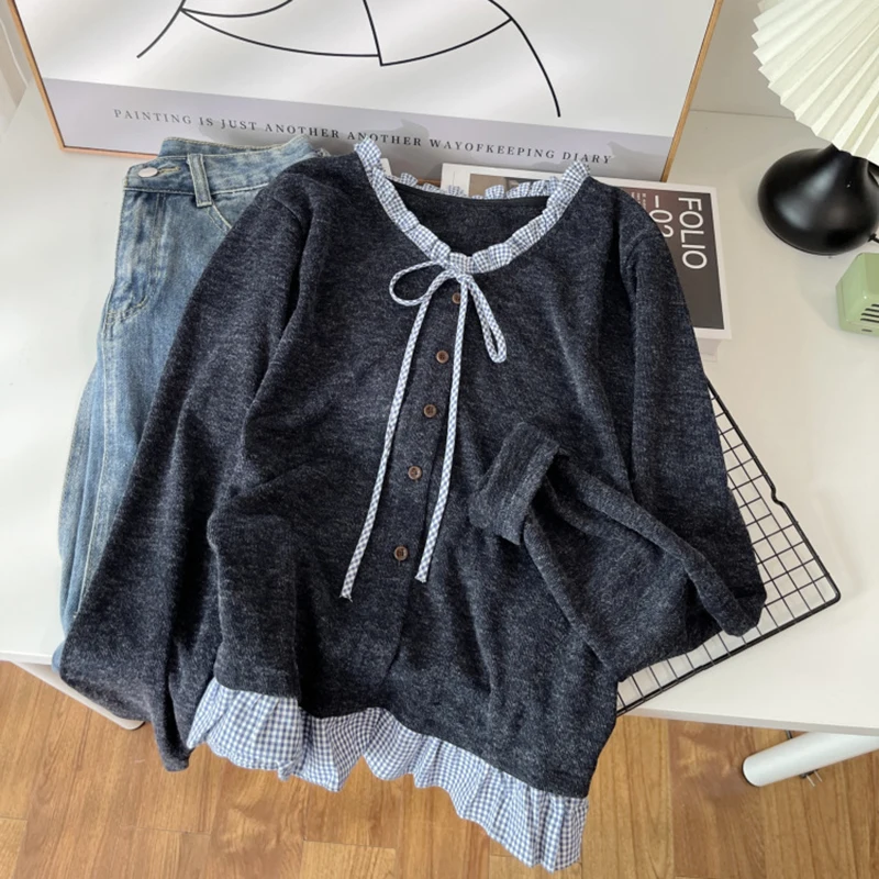 

Модный женский вязаный свитер, осенний корейский стиль, с рюшами по краям, v-образным вырезом, на шнуровке, облегающие пуловеры, женский трикотаж