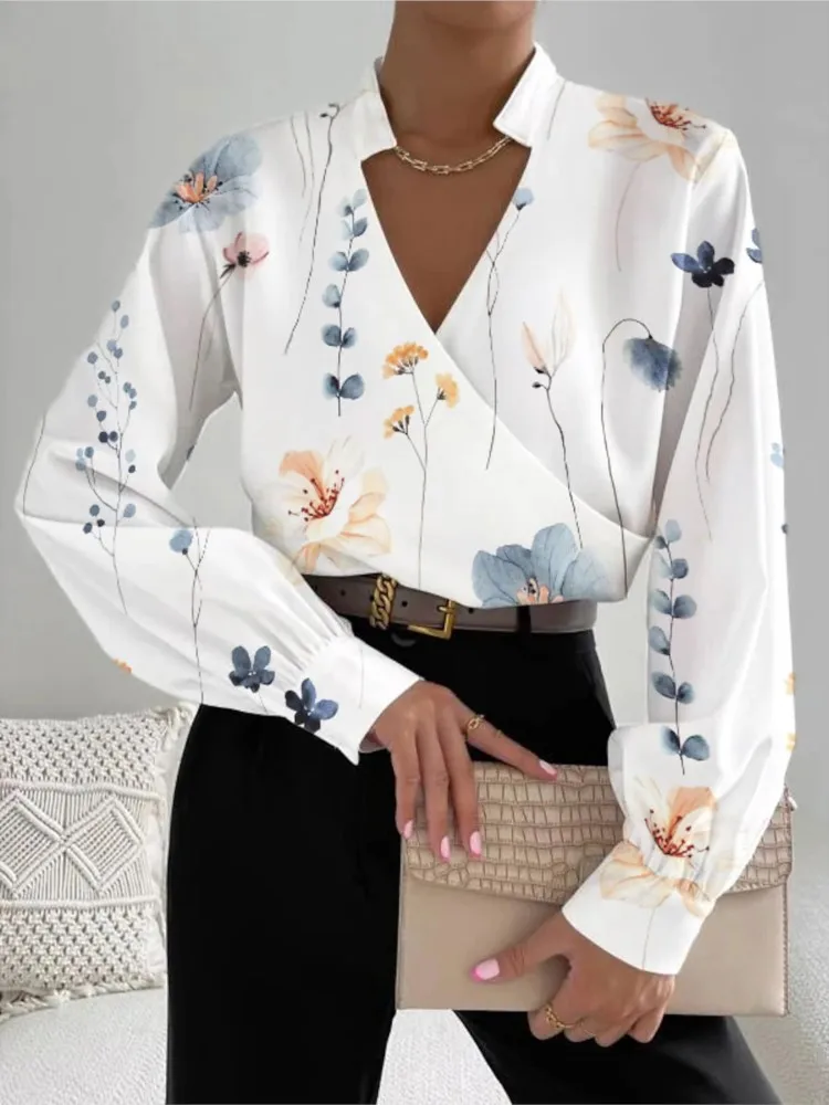 Autumn Women Sexy V Neck Long Sleeve Shirt Top Fashion Floral Printing Blouse Tops 2023 Elegant Casual Office Lady Blouses