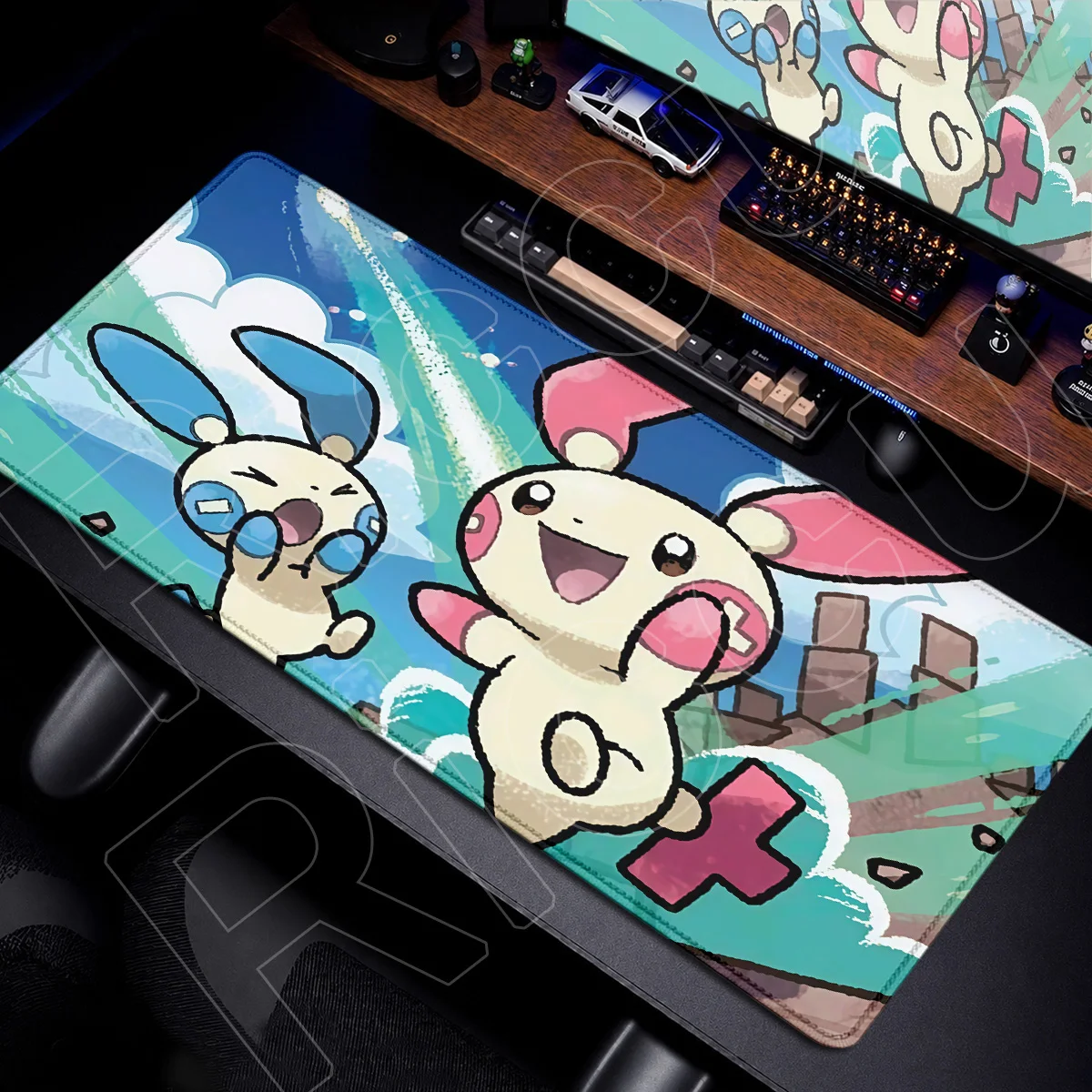 XXL Anime Gamer Keyboard Desktop Mat P-pokemon Plusle Minun Locking Edge Mouse Pad PC Rubber Accessories 90x40cm Washable Carpet