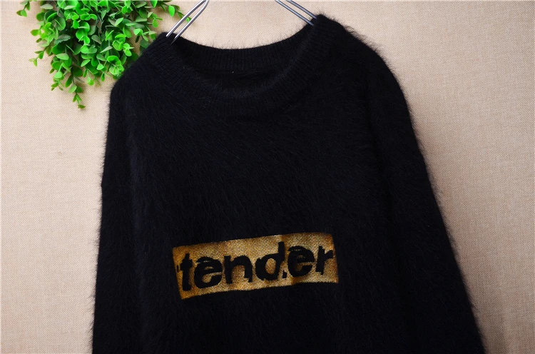 Ladies Women Autumn Winter Clothing Black Hairy Plush Mink Cashmere Knitted O-Neck Medium Long Sweater Jumper Dress Pull Tops