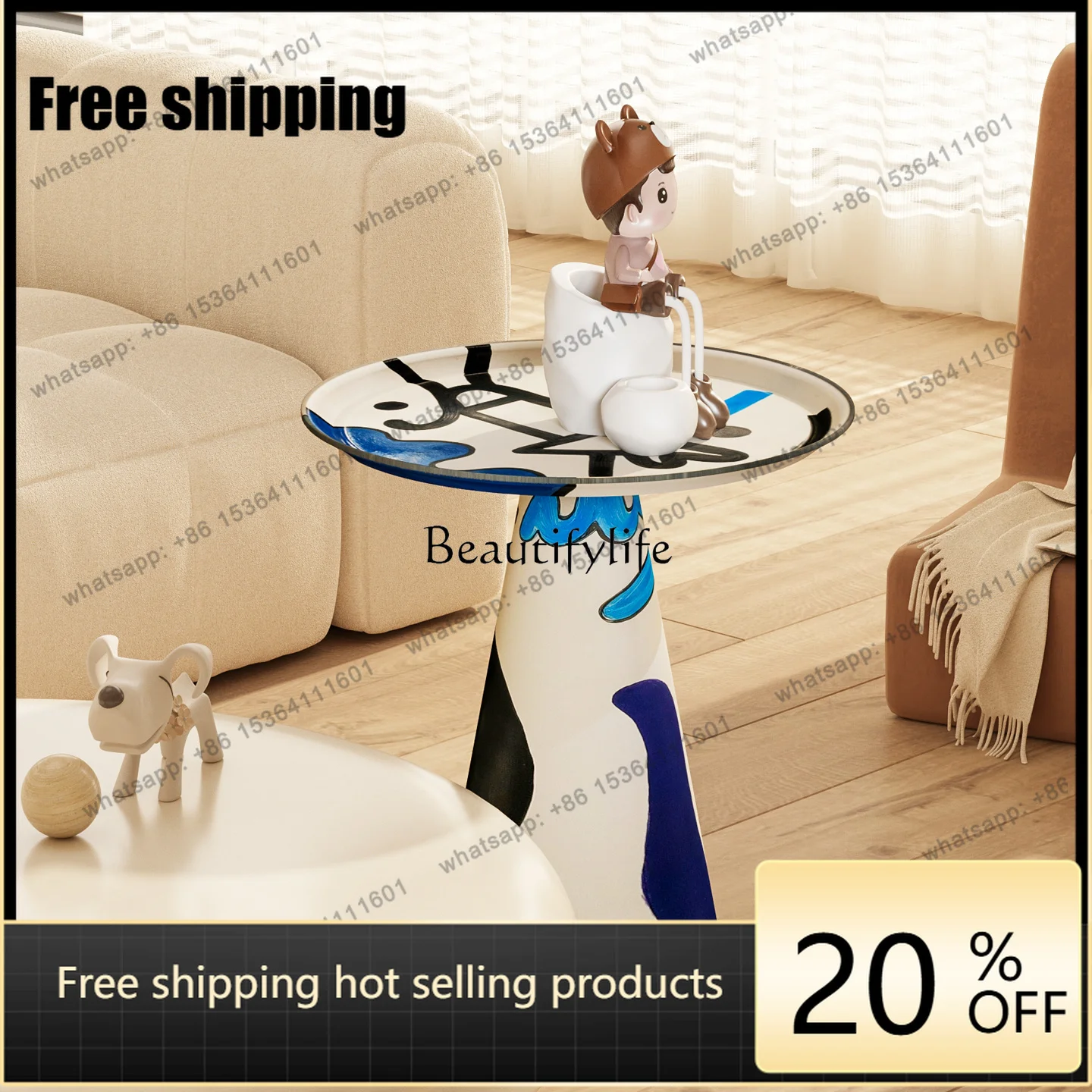 Factory DirectItalian high-end hand-painted oil painting art round coffee table household