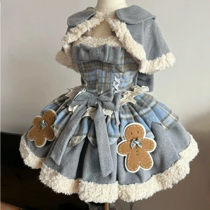 

Японский женский шикарный плащ, милое плюшевое лоскутное платье, Harajuku Kawaii, рождественский костюм, осенне-зимнее милое платье Лолиты, комплект из 2 предметов