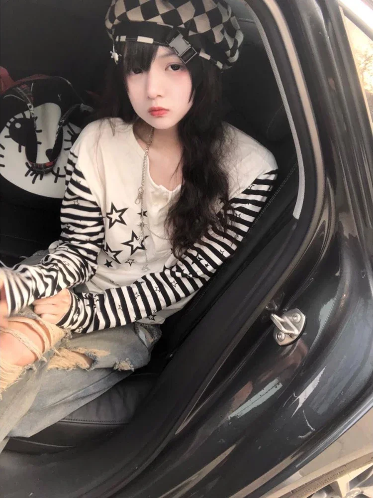 KOSAHIKI Streetwear Long Sleeve T Shirts Harajuku Women Punk Star Print Casual Striped  Shirt Japanese Y2k Aesthetic Grunge ee