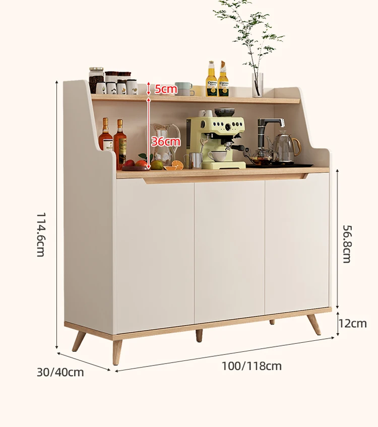 Penyimpanan kabinet, lemari samping ruang makan terintegrasi di dinding, penyimpanan multifungsi dari kayu solid, lemari rendah di lantai.