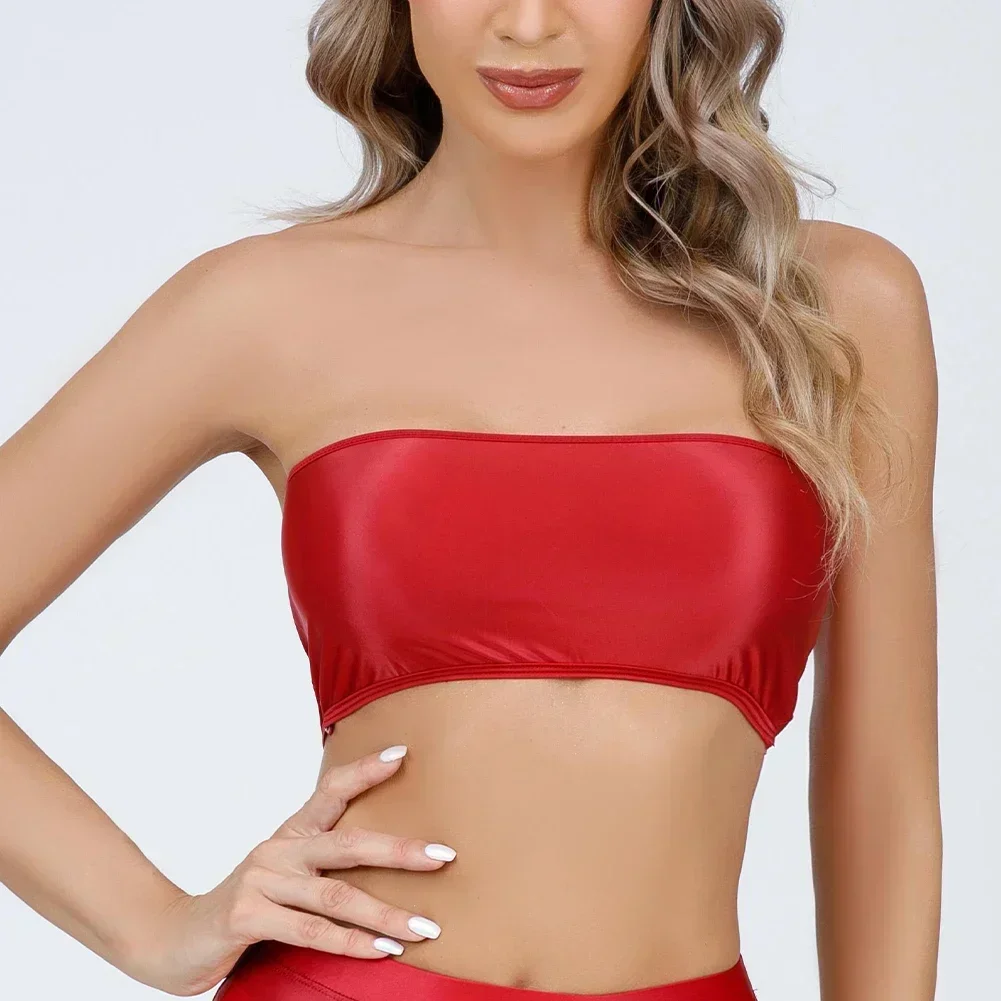 Women Tube Tops Oil Glossy Shiny Strapless Crop Top Rave Bandeau Bra Tank Top Seamless T-Shirt Ultrathin High Elastic Bras