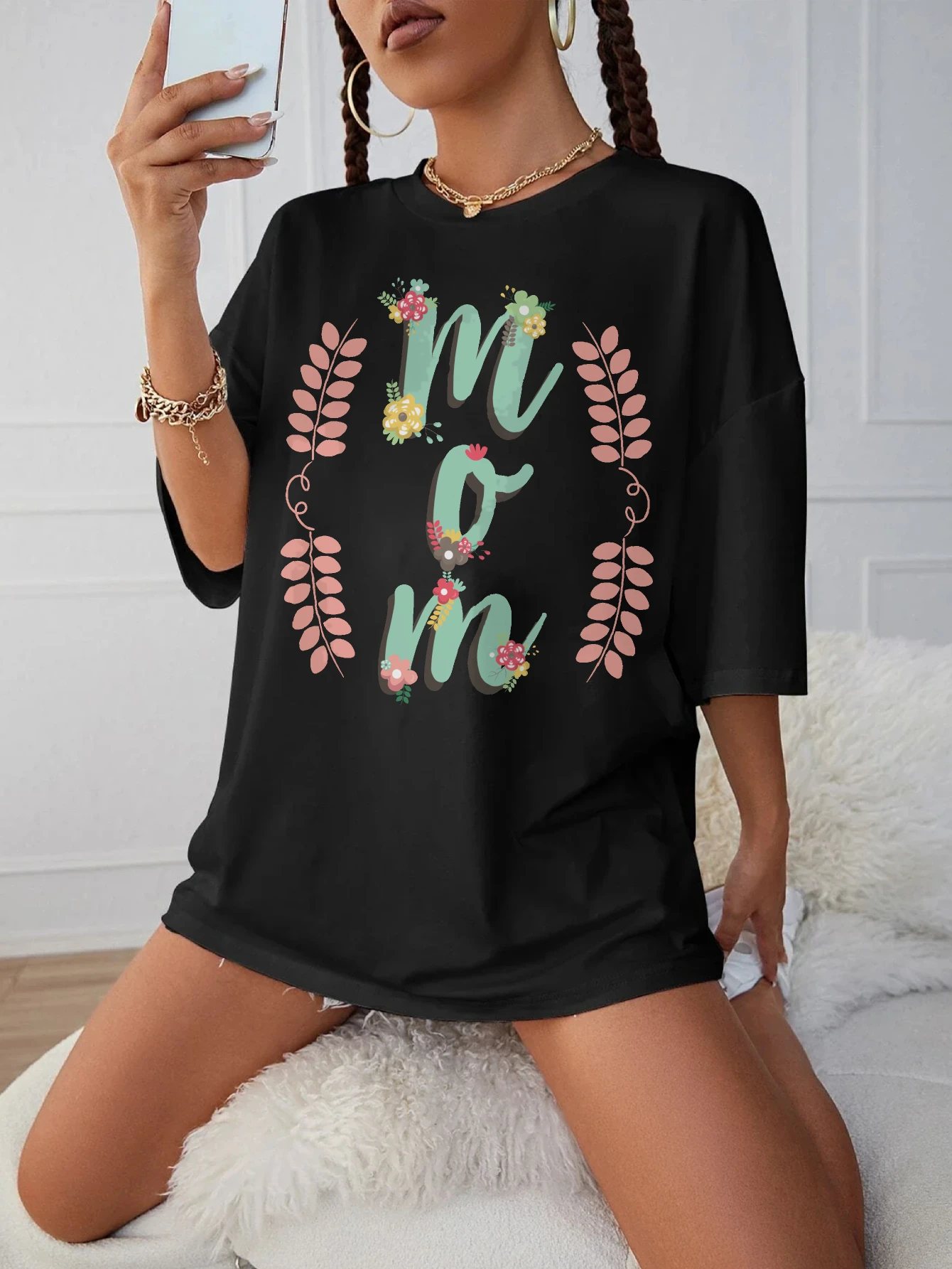 

mom Maternity T-Shirt for Late Pregnancy Women's Black Loose Fit Round Neck Winter Wear