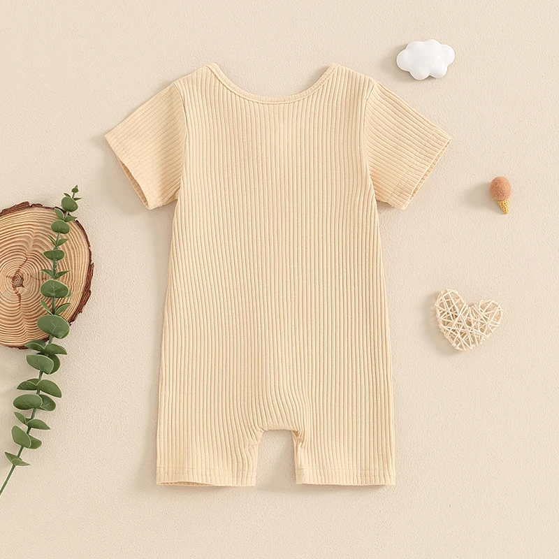 Summer Infant Baby Boy and Girl Overalls Casual Short Sleeve Round Neck Full Zip Ribbed Romper Jumpsuit Newborn Clothes