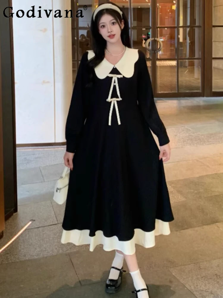 

Autumn Large Size Age Reduction French High Waist Temperament Dress Women Loose Black Long Sleeve Peter Pan Collar Sweet Dresses