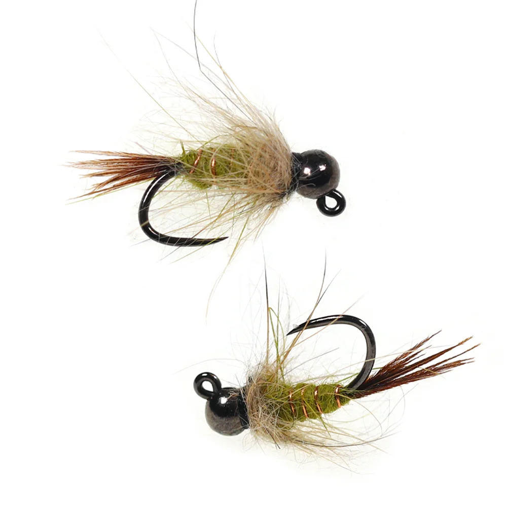 5 piezas # 14 Señuelos de pesca de tungsteno con cabeza de abalorio, tipo Hare's Ear Jig, ninfa de hundimiento rápido, ninfa europea húmeda, para trucha, perca y pescado blanco.
