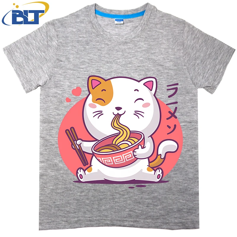 Neko Ramen camiseta estampada para niños, tops casuales de manga corta de algodón para niños y niñas, Verano