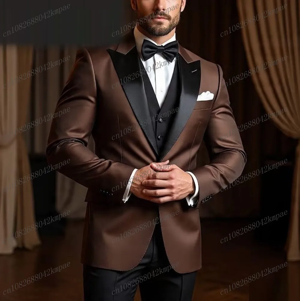 

Dark Brown And Black Men Suit Formal Occasion Groom Groomsman Wedding Party Prom Male Tuxedos 3 Piece Set Blazer Vest Pants