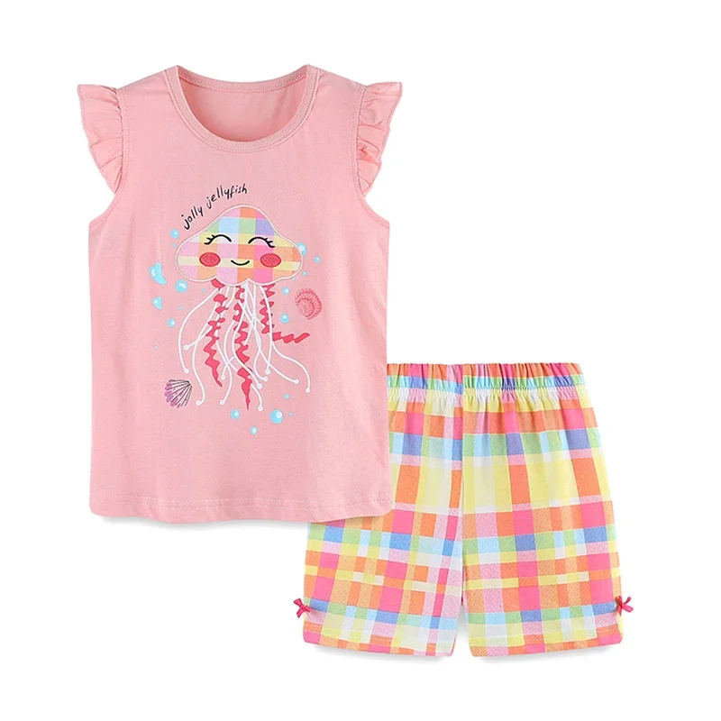 Baby Girl 2Pcs Summer Outfits Fly Sleeve Jellyfish Embroidery Tops + Shorts Set Toddler Clothes