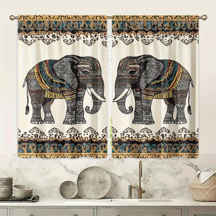 2PCS Digital Print Sheer Curtain, Bohemian Elephant, Bohemian Style Sheer Curtain Panel for Home Living Room Bedroom Decor