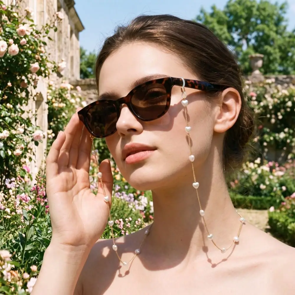 Fashion Beads Pearl Glasses Chain Heart Neck Strap Eyeglass Holder Necklace Hanging Neck Anti-Lost Eyeglass Lanyard Outdoor Use