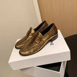 Spring Penny Loafers Womens Sheepskin Leather Round Toe Pleated Ladies Comfortable Flat Shoes Handmade Casual Walking Bean Shoes