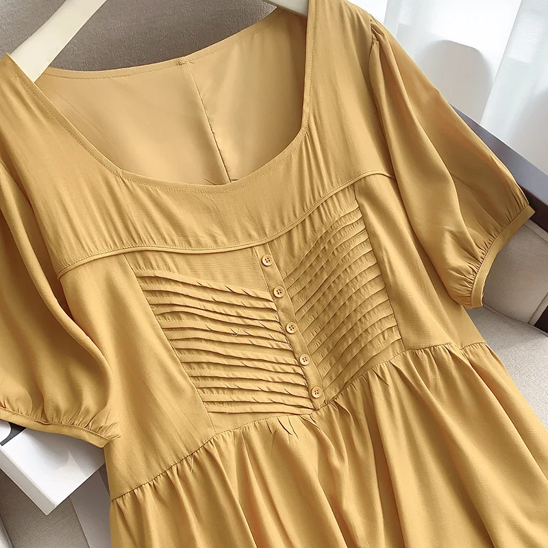 150Kg Plus Size Women's Bust 150 Summer Loose Square Neck Dress Yellow 5XL 6XL 7XL 8XL 9XL