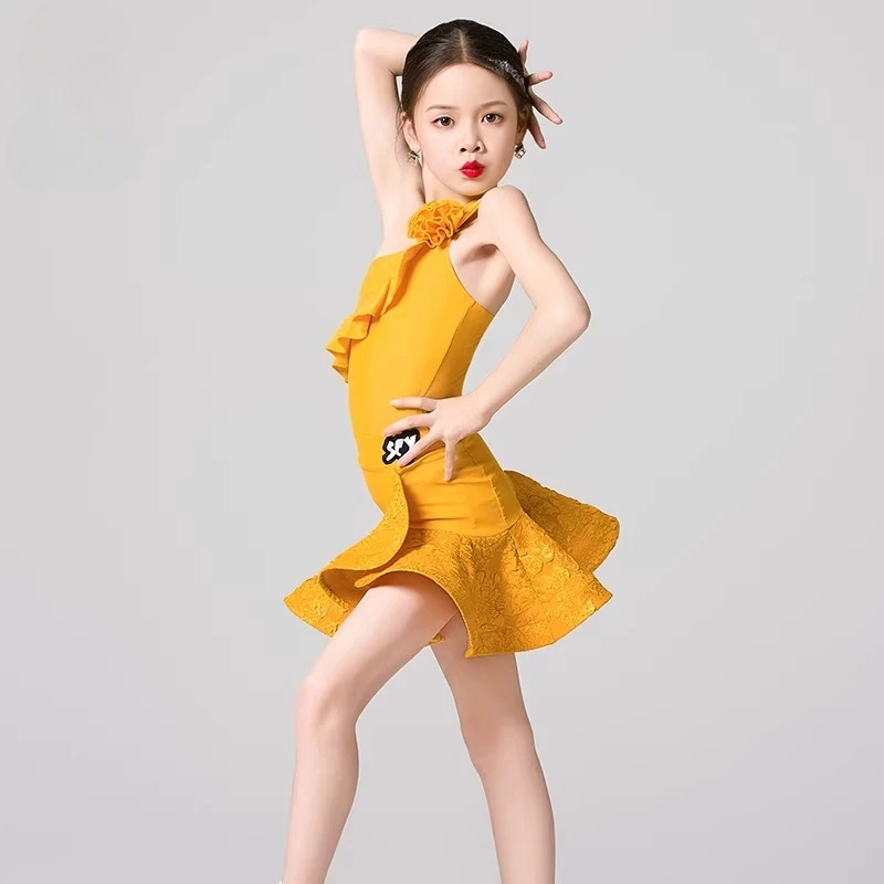 Dziecięcy strój do tańca latynoamerykańskiego dla dziewczynki, żółty, z wycięciami na ramionach, body i spódnica z bandażami sznurowanymi, strój treningowy do tańca towarzyskiego, kostium konkursowy.