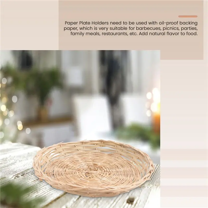 AEE3-6Pcs Bamboo Paper Plate Holder - 10 Inch Round Woven Plate Holder, Reusable Paper Plate Holders For Picnic Party
