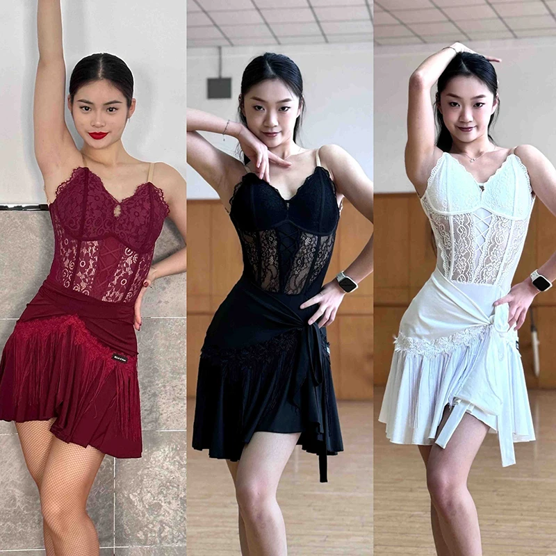 

2026 Latin Dance Clothes Women Lace Tops Split Skirt Rumba Practice Wear Tango Dance Performance Costume Competition Dress 12168