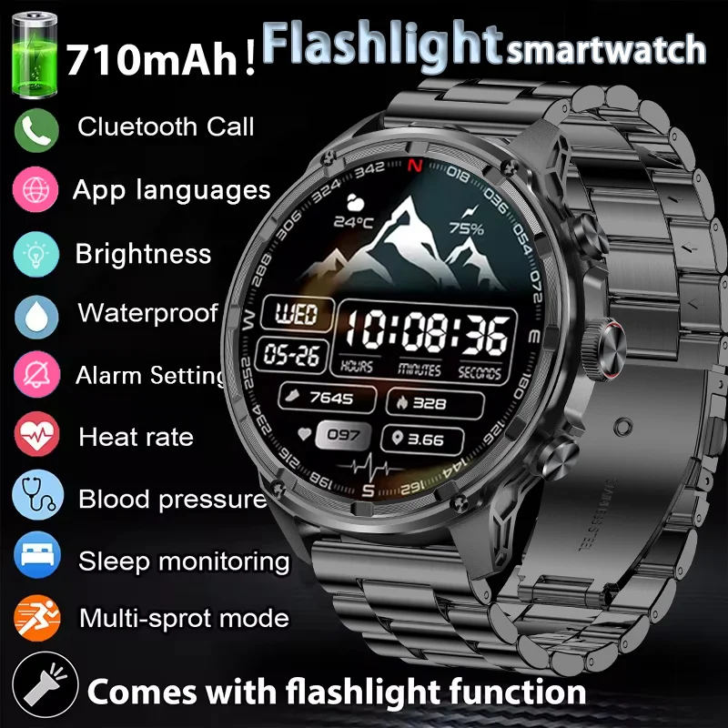 2025 Outdoor Sports Smartwatch Men 710 mAh Battery Bluetooth Call Health 1.85-inch Screen Flashlight 3ATM Waterproof Smart Watch