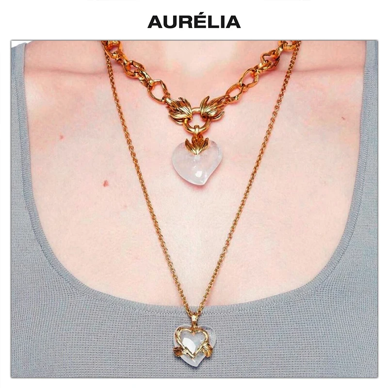 

Europe Vintage Brass Gold Plated Resin Heart Necklace Earring Ring Brooche Luxury Suit Women Exquisite Jewelry Party Accessories