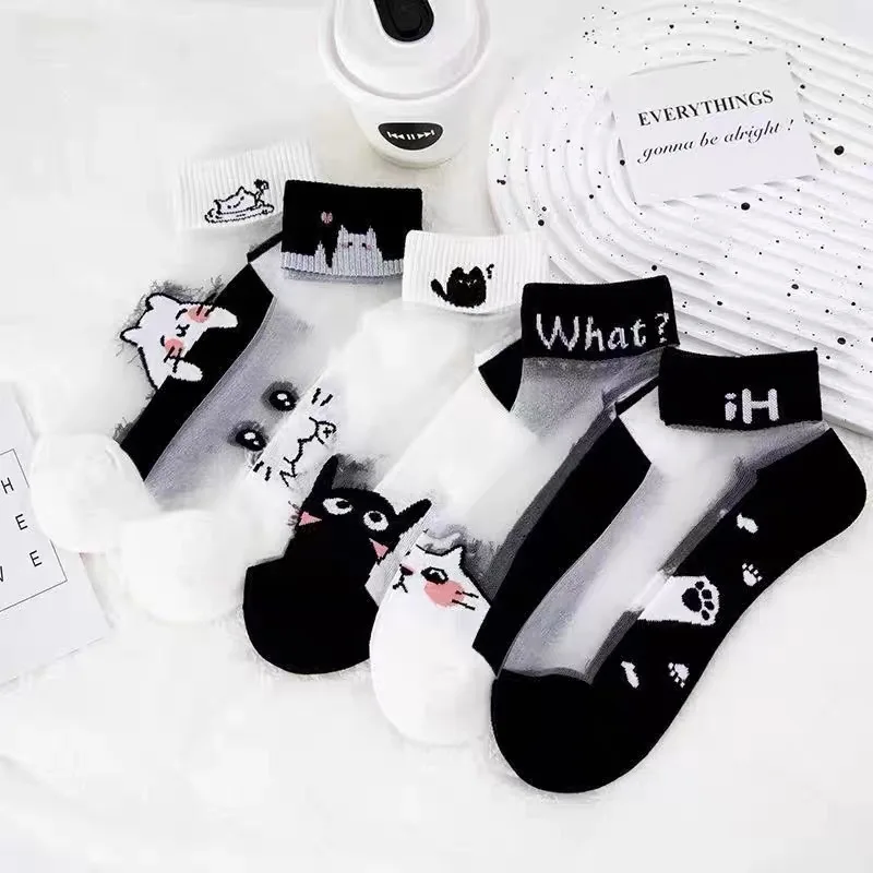 5 Pairs Women's Socks Set Spring Summer Thin Mesh Braethable Leopard Personalized Cartoon Kawaii Japanese Ankle Socks For Girl