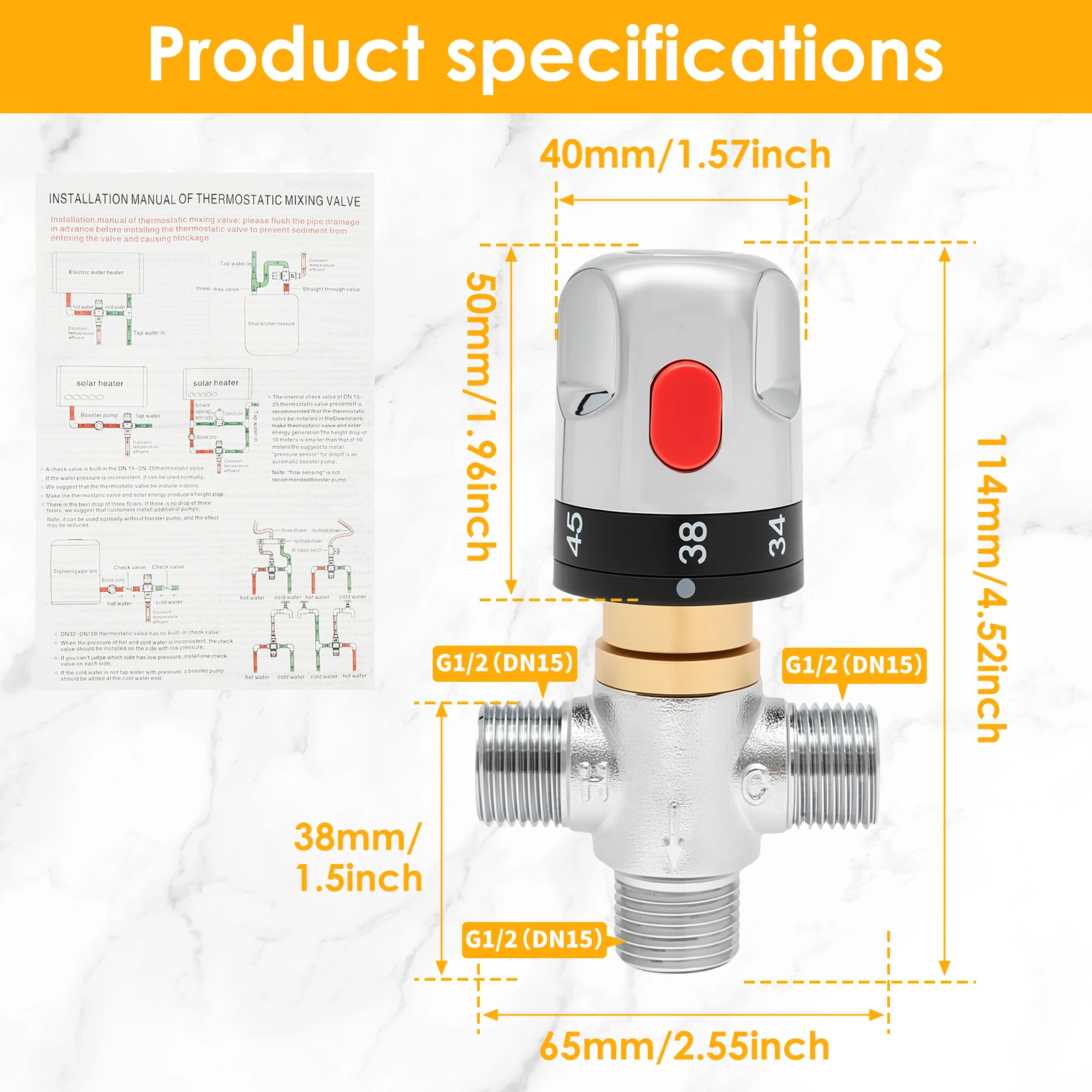 Brass Thermostatic Mixing Valve 1/2 Inch 3-Way Water Temperature Control 38 Degree Anti-Scald Solar Water Heater Shower System