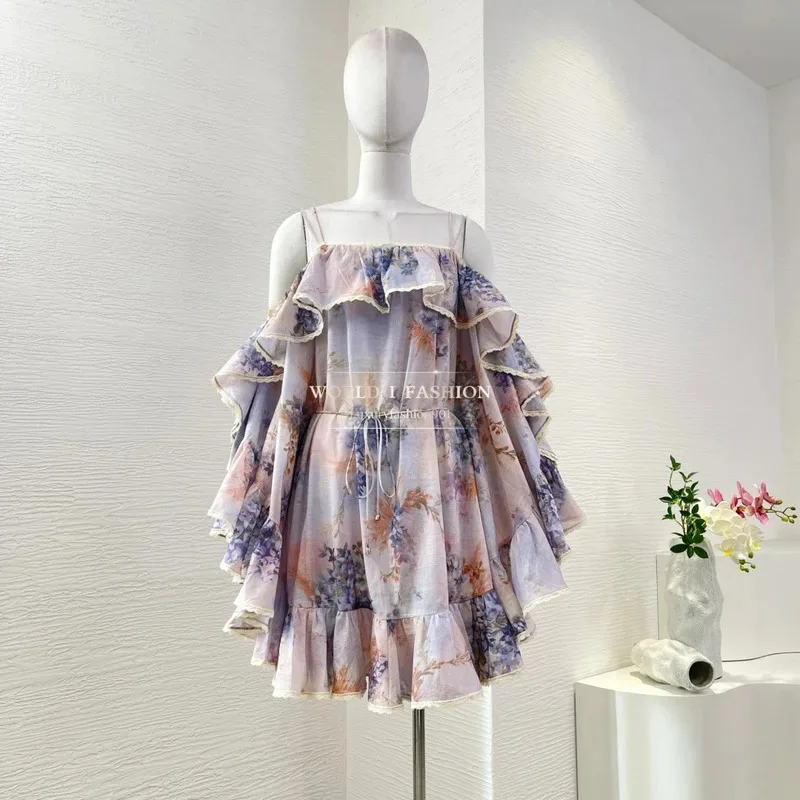 Violet Purple Petal Sleeves Floral Print Long Sleeve Ruffles Frilled Off The Shoulder Mini Dress