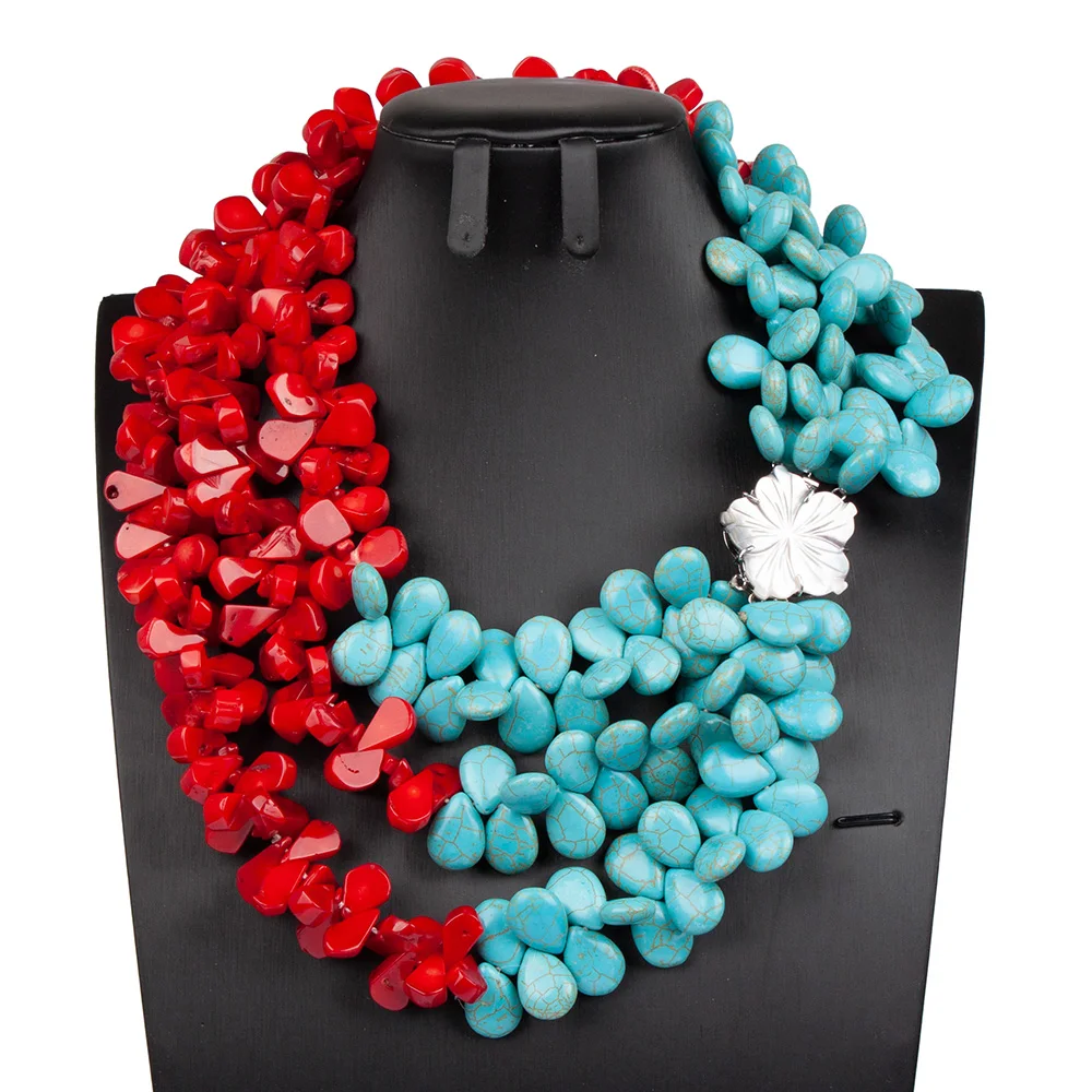 

2022 New Natural Red Coral Blue Teardrop Turquoises Stone 3 Layers Necklace Nigerian Wedding Coral Beads JewelryABG116