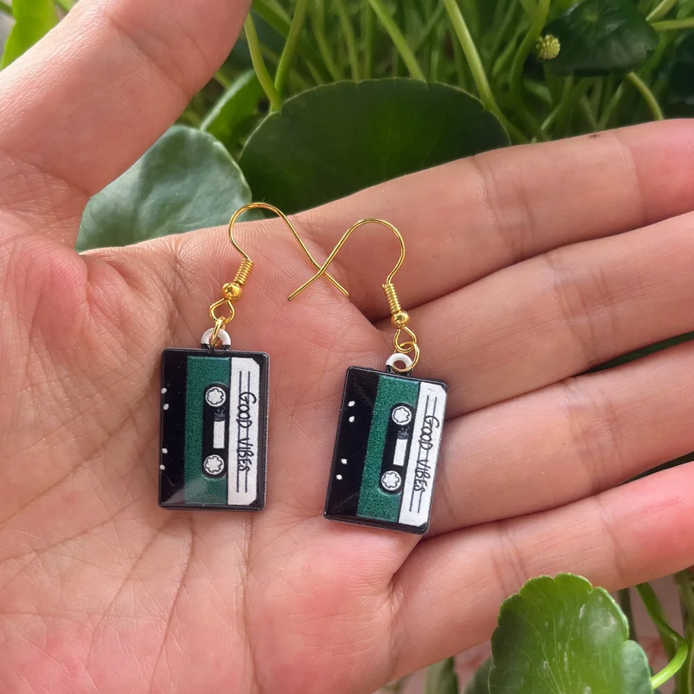 Retro Metal Cassette Tape dangle drop earrings, Cute 90s Music jewellery, Novelty Old School jewelry, Fun Quirky pendant