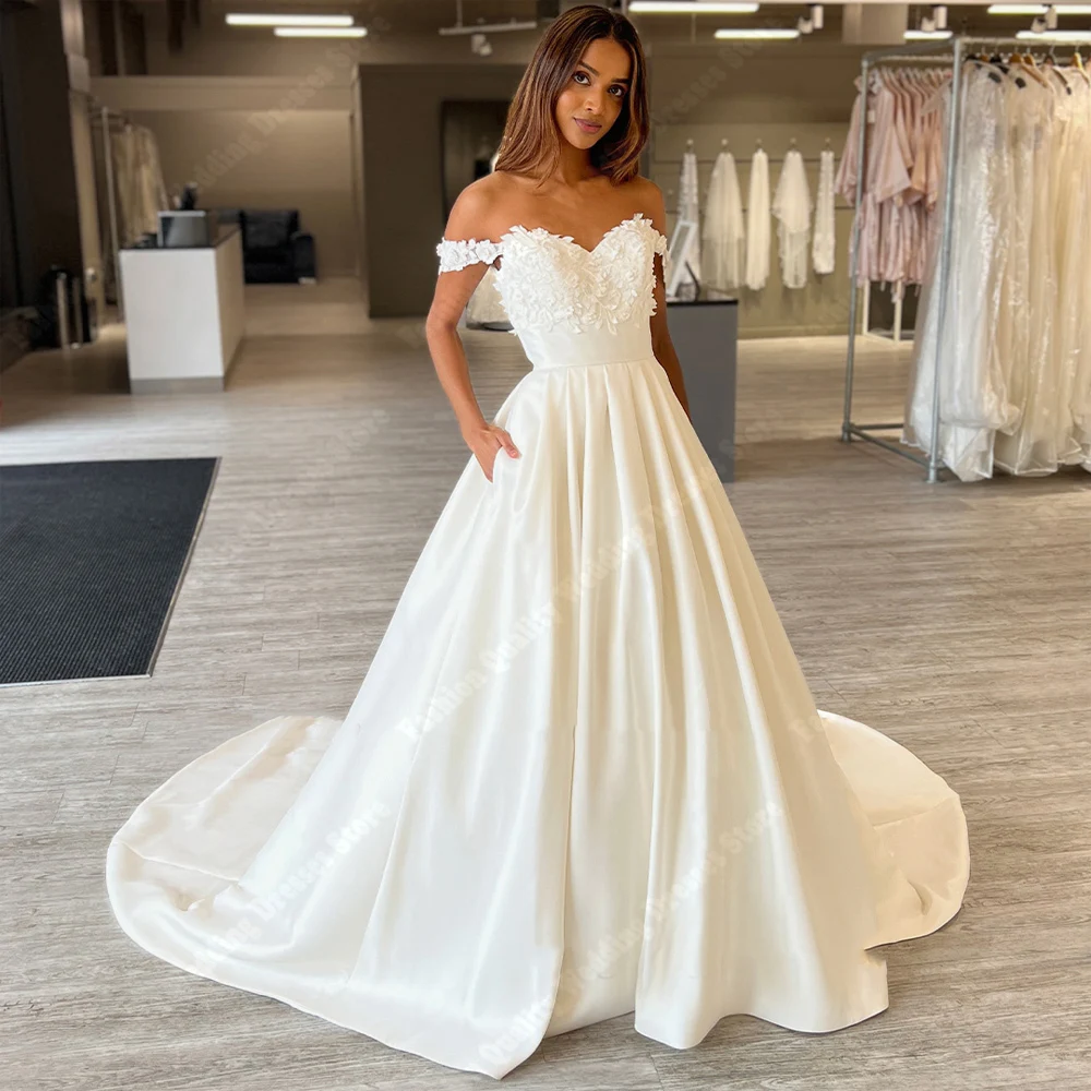 Elegant Satin A-Line Women Wedding Dresses Off The Shoulder Bridal Gowns Formal Mopping Length Amanda Novias Vestidos De Novias