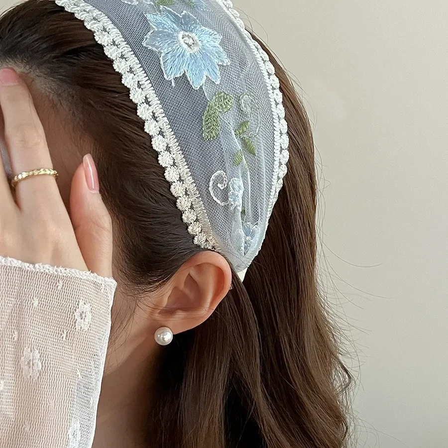 عصابة رأس شبكية مطرزة على شكل زهرة من الدانتيل للنساء، ربطة شعر أنيقة وبسيطة من القماش للفتيات