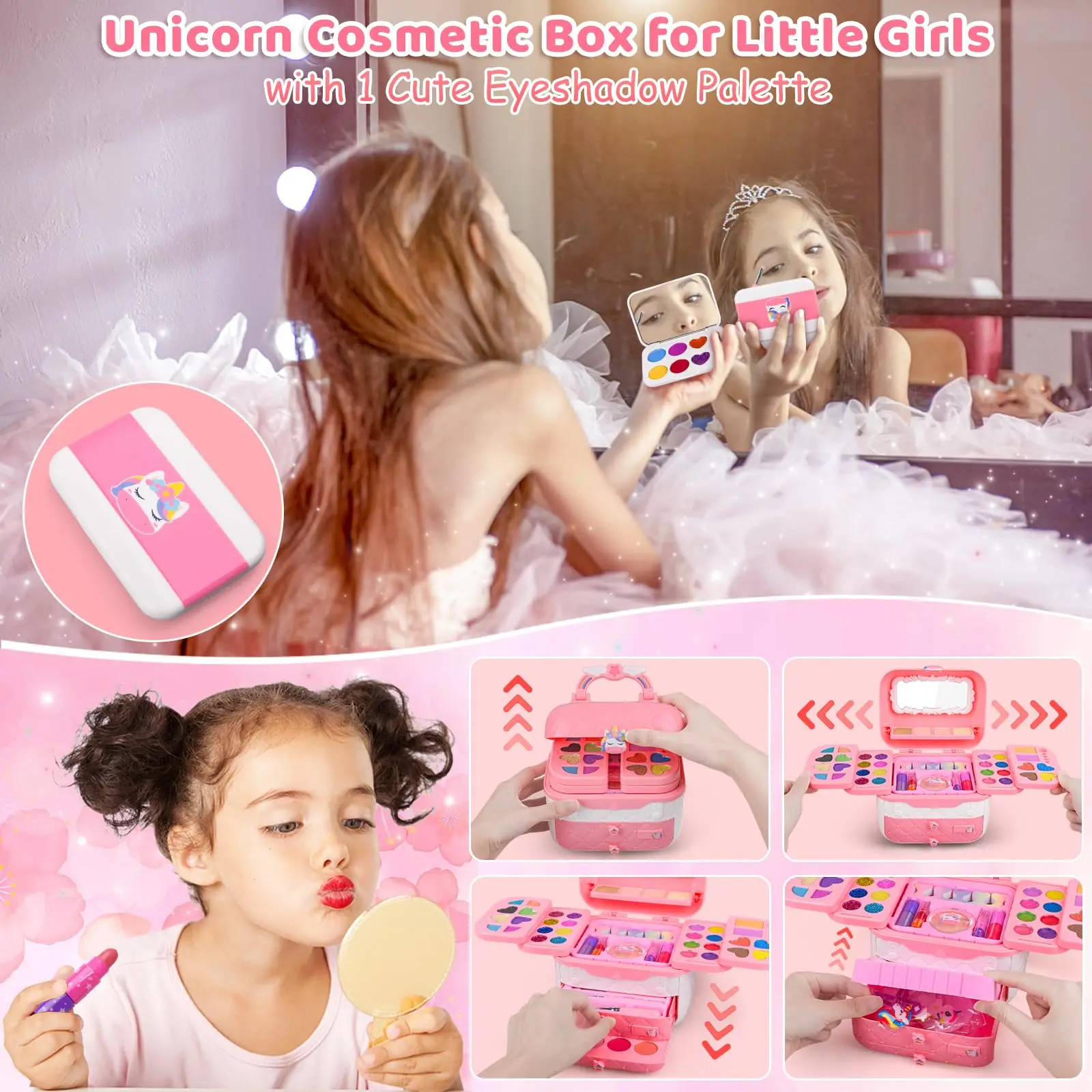 80 PCS Kids Makeup Kit for Girls 5 6 7 8 Years Old, Unicorn Girls Toy for Little Girls Birthday, Princess Dolls Dress Up Toy for