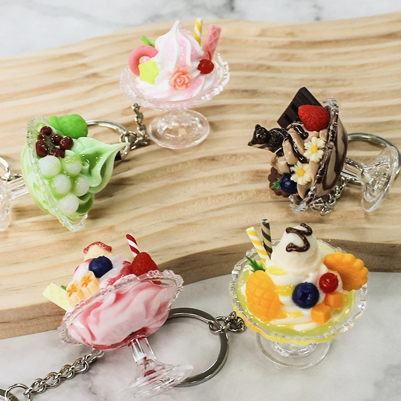 

Simulation Ice Cream Keychain Creative Food Key Chains For Women Cute Imitation Sundae Dessert Cup Bag Pendants Key Ring Gift