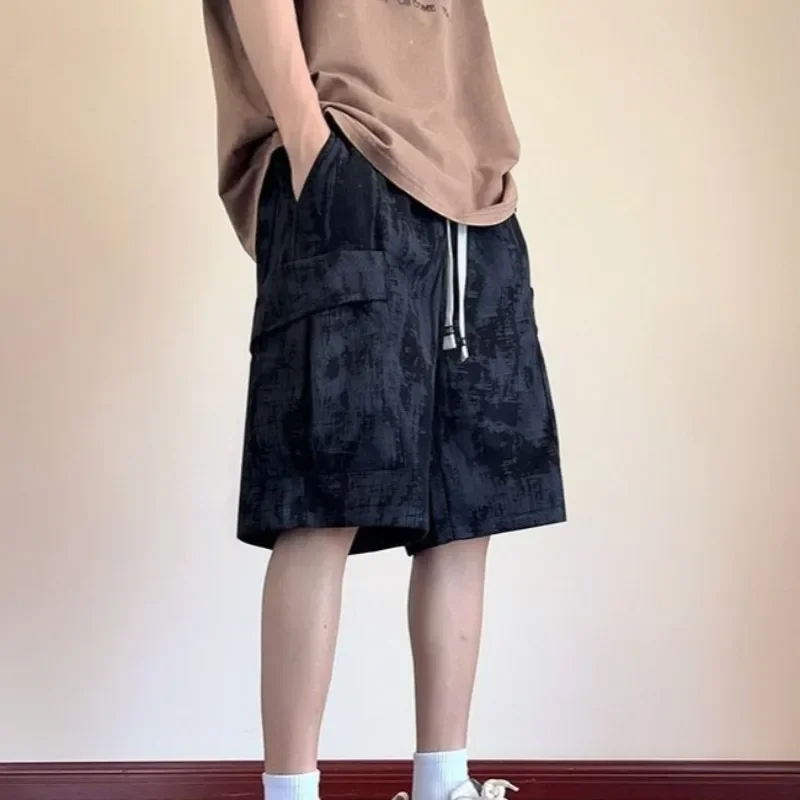 포켓 남성 카고 반바지 와이드 배기 오버 니 루즈 엘라스틱 허리 프린트 숏 팬츠 남성 드로스트링 인기 캐주얼