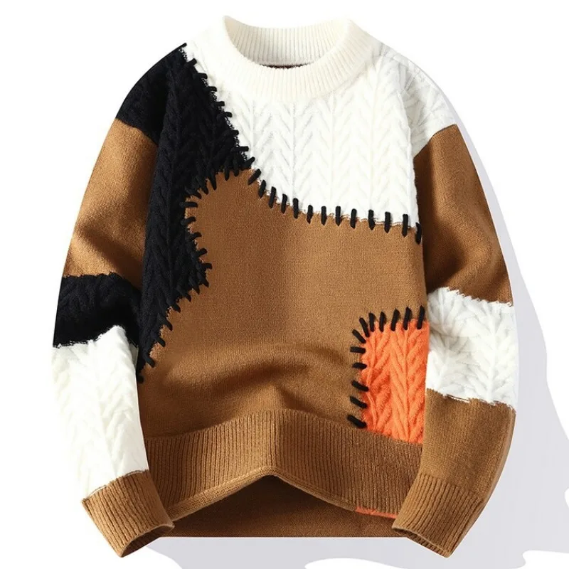 New Fashion Men O-Neck Pullovers Winter Knitted Sweaters Splicing Casual Sweaters High Quality Male Loose Pullovers Clothing 4XL