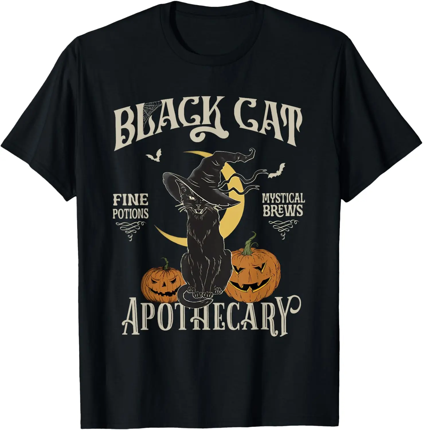 Retro Scary Halloween Costume Black Cat Salem Apothecary T-Shirt Men's Spooky Halloween Graphic Print T‑Shirt, Crew Neck Short Sleeve Casual Cotton Tee For Holiday Party Daily Street Wear.