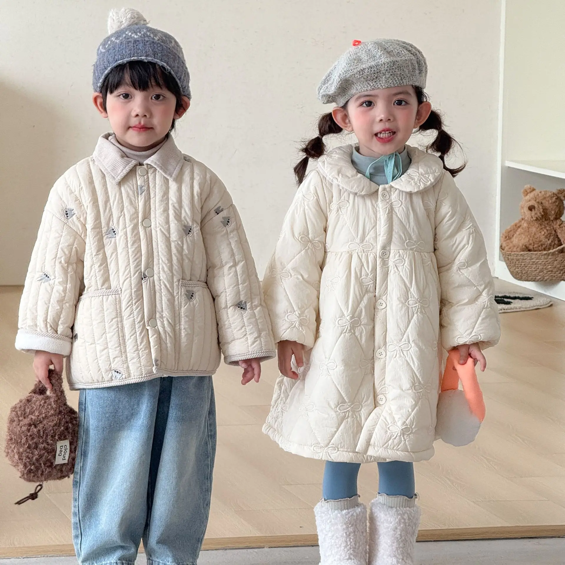 2026 Winter New Children Quilted Jacket Boys Plus Velvet Thick Warm Coat Girls Sweet Cute Cotton Padded Dress Kids Clothes