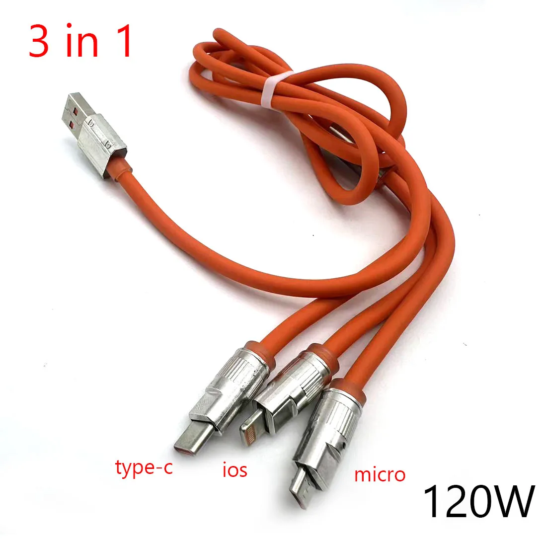 120W 6A 3-in-1 Fast Charging Cable Type C/Micro USB Triple Head for iPhone Samsung Huawei Xiaomi USB Data Quick Charge ﻿ ﻿