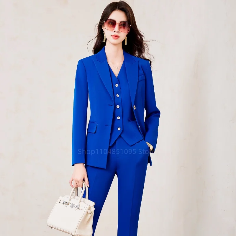 

Spring Autumn New Arrival Luxury Blue Women Suit 3 Piece Jacket Pants Vest Female Clothing High Quality Office Lady Blazer Set